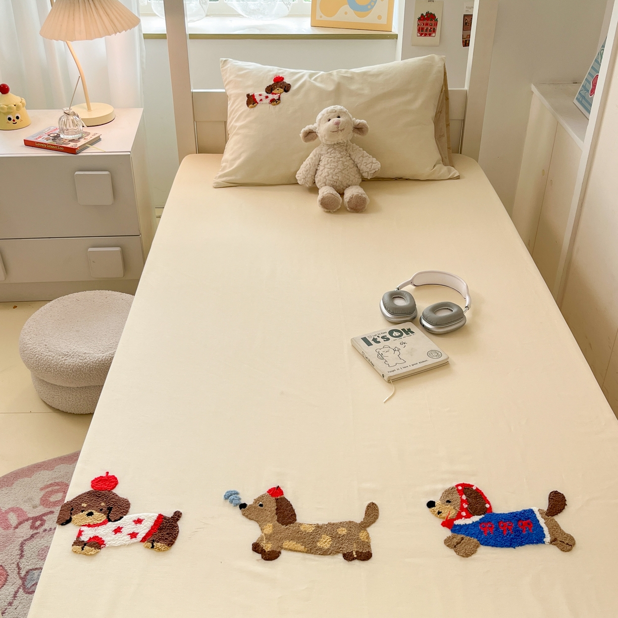 91家纺网 家纺一手货源 找家纺 慕尚家纺 2025新款全棉纯棉毛巾绣单床笠  腊肠修狗