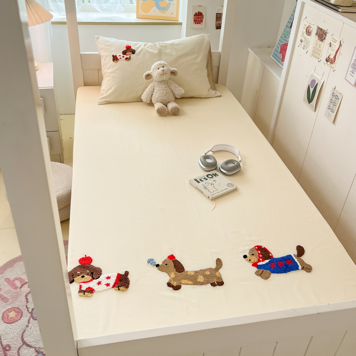 91家纺网 家纺一手货源 找家纺 慕尚家纺 2025新款全棉纯棉毛巾绣单床笠  腊肠修狗