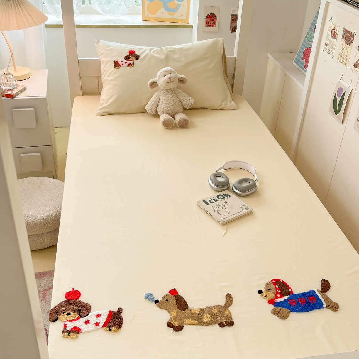 91家纺网 家纺一手货源 找家纺 慕尚家纺 2025新款全棉纯棉毛巾绣单床笠  腊肠修狗