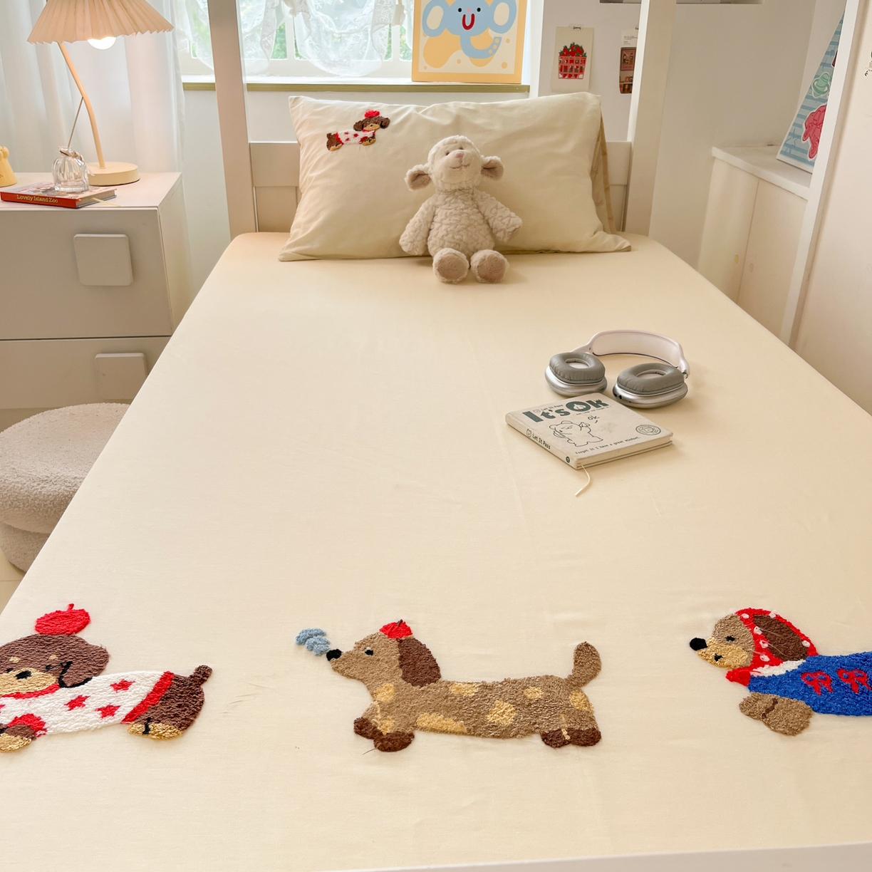 91家纺网 家纺一手货源 找家纺 慕尚家纺 2025新款全棉纯棉毛巾绣单床笠  腊肠修狗