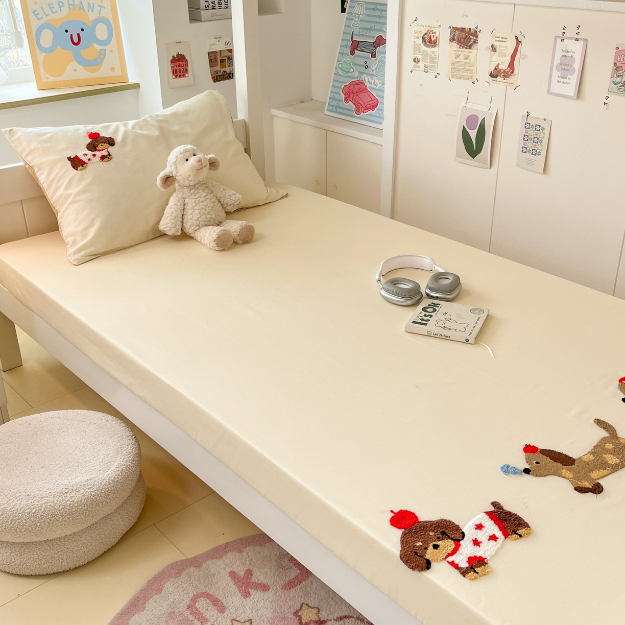 91家纺网 家纺一手货源 找家纺 慕尚家纺 2025新款全棉纯棉毛巾绣单床笠  腊肠修狗