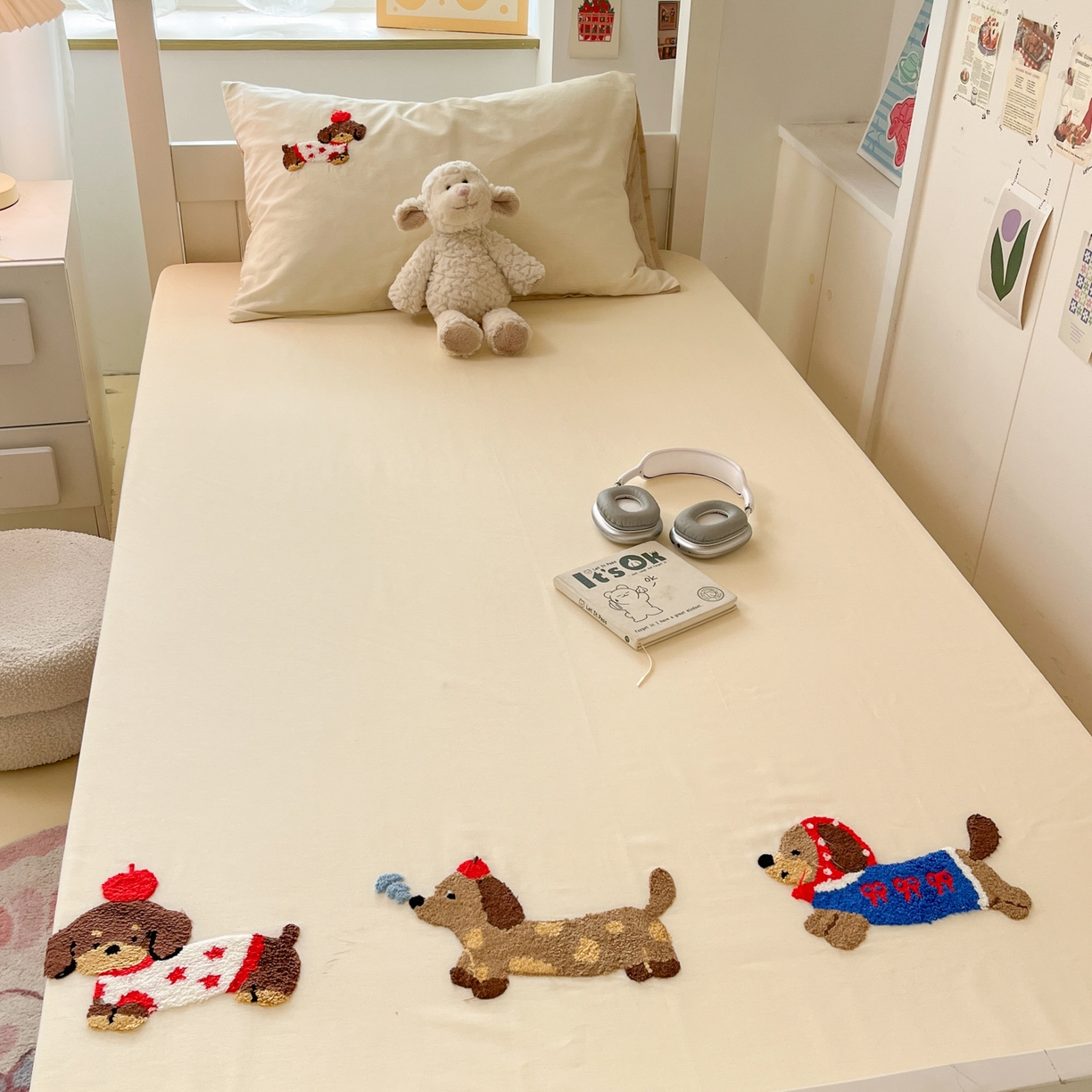 91家纺网 家纺一手货源 找家纺 慕尚家纺 2025新款全棉纯棉毛巾绣单床笠  腊肠修狗