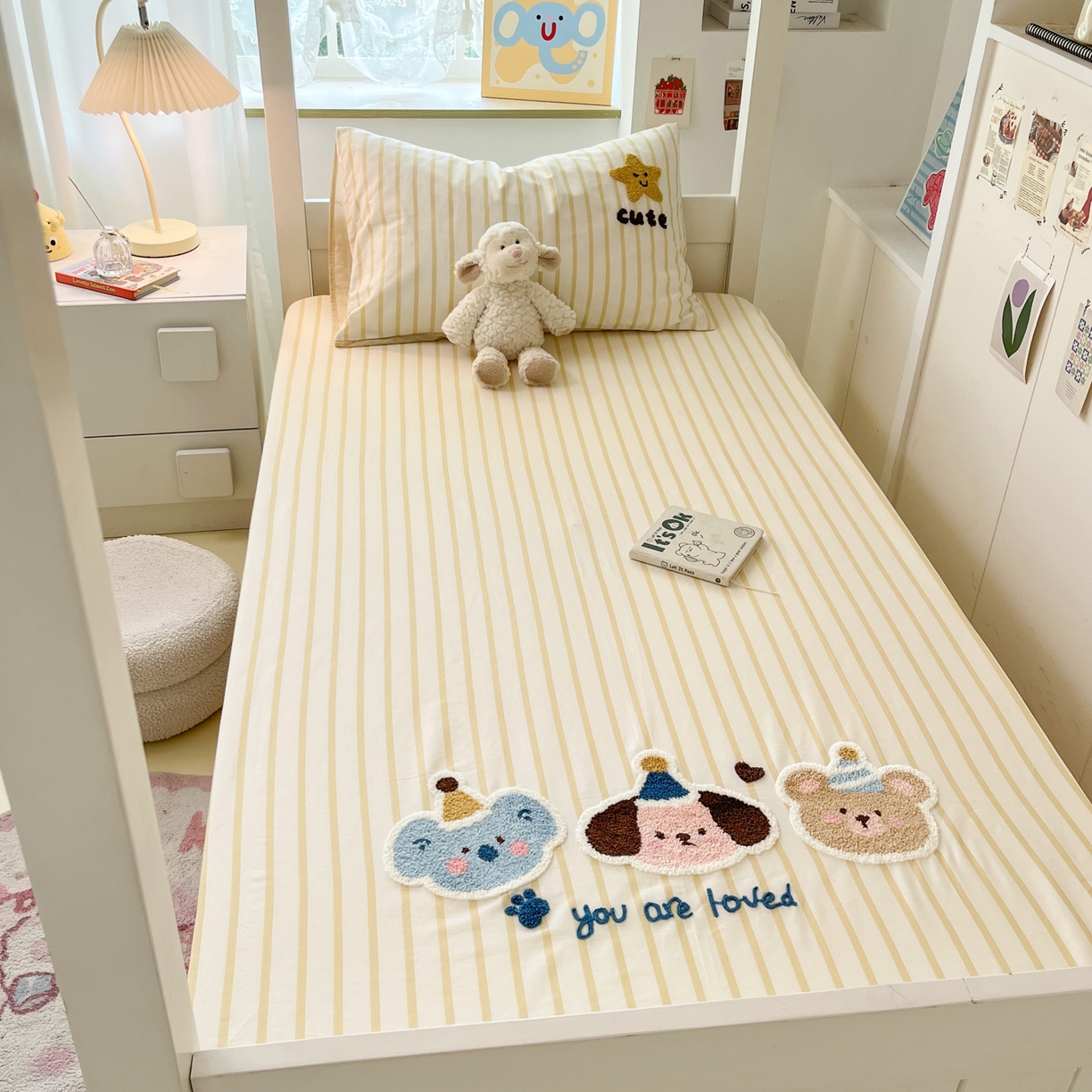 91家纺网 家纺一手货源 找家纺 慕尚家纺 2025新款全棉纯棉毛巾绣单床笠  条纹宠物