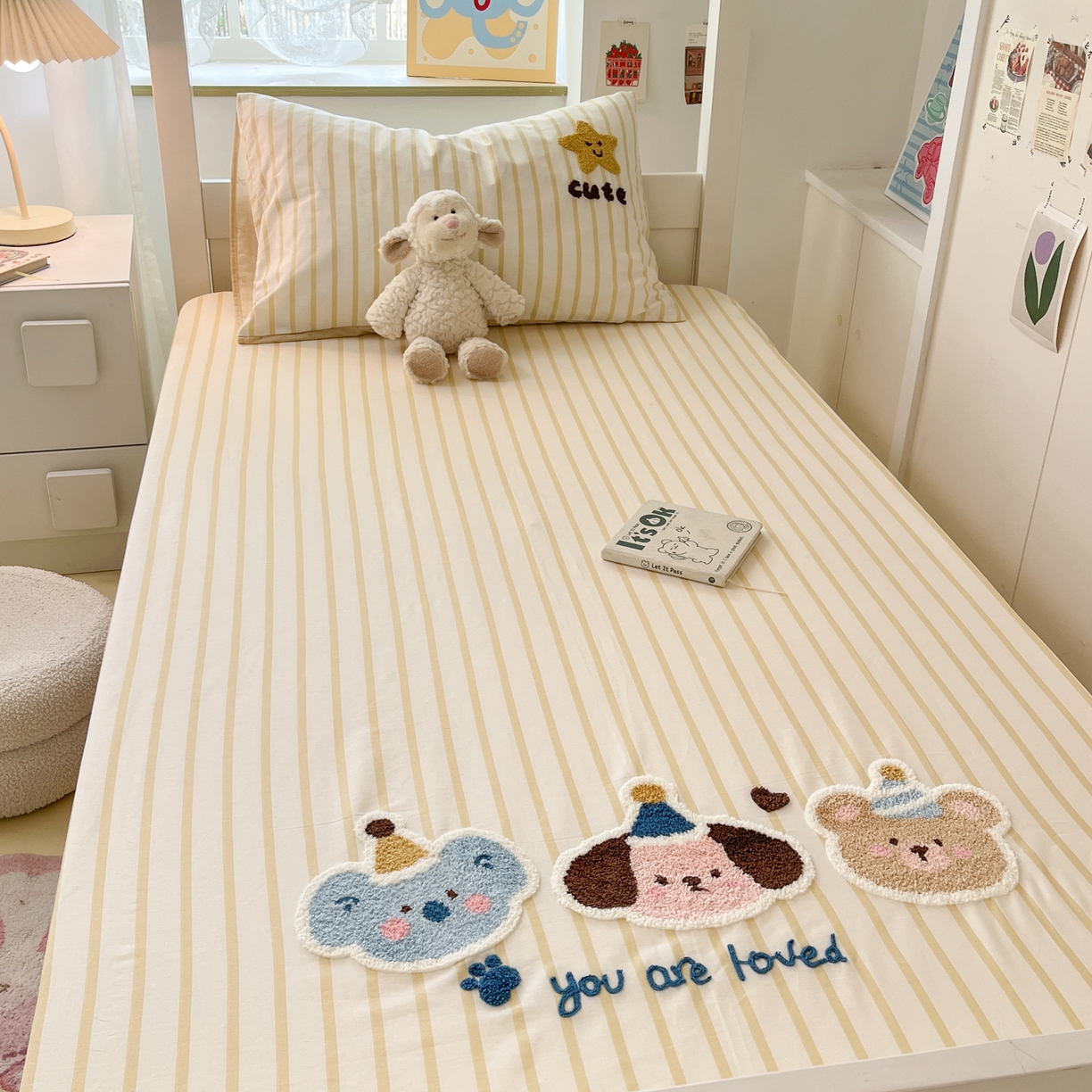 91家纺网 家纺一手货源 找家纺 慕尚家纺 2025新款全棉纯棉毛巾绣单床笠  条纹宠物