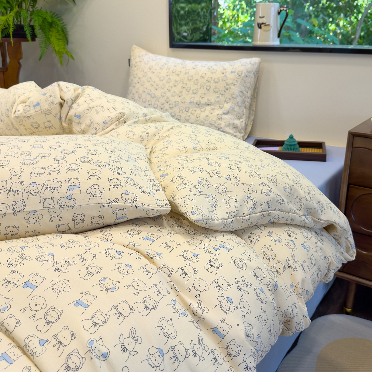 91家纺网 家纺一手货源 找家纺 竹合家纺 2025秋冬新品爆款有氧人字纹提花小清新加厚四件套 宠物乐园