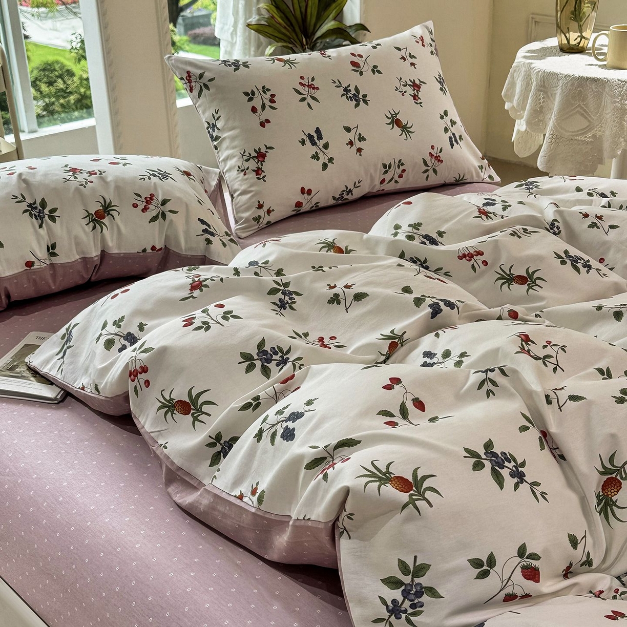 91家纺网 家纺一手货源 找家纺 缦纱2025新款全棉小清新喷气13372印花40支纯棉四件套 丛果集