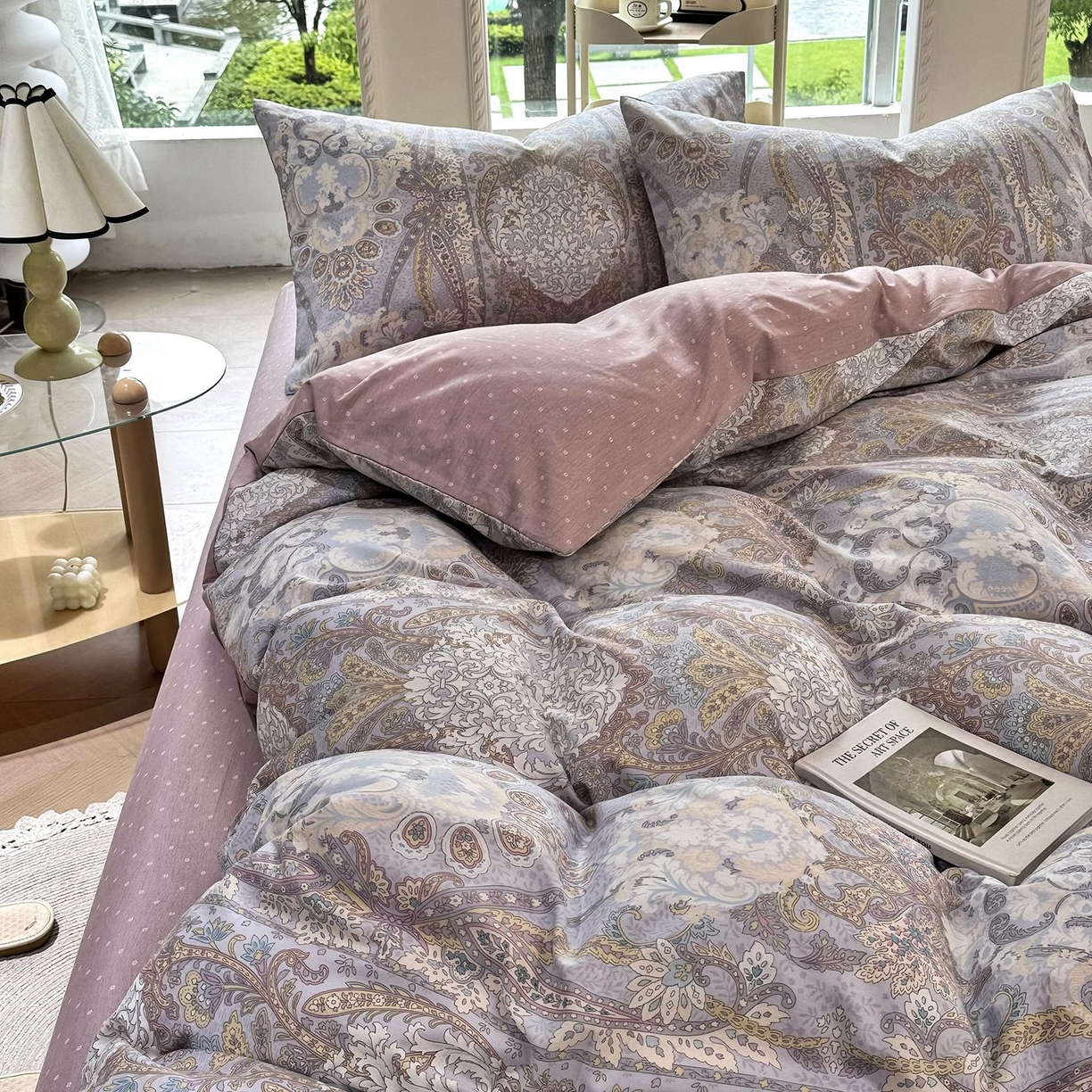 91家纺网 家纺一手货源 找家纺 缦纱2025新款全棉小清新喷气13372印花40支纯棉四件套 葛锦-蓝