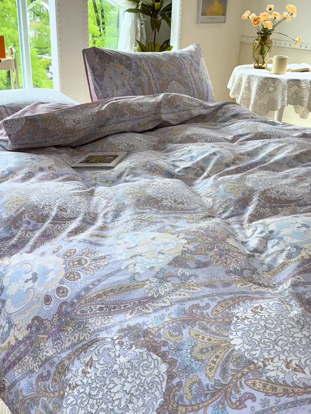 91家纺网 家纺一手货源 找家纺 缦纱2025新款全棉小清新喷气13372印花40支纯棉四件套 葛锦-蓝