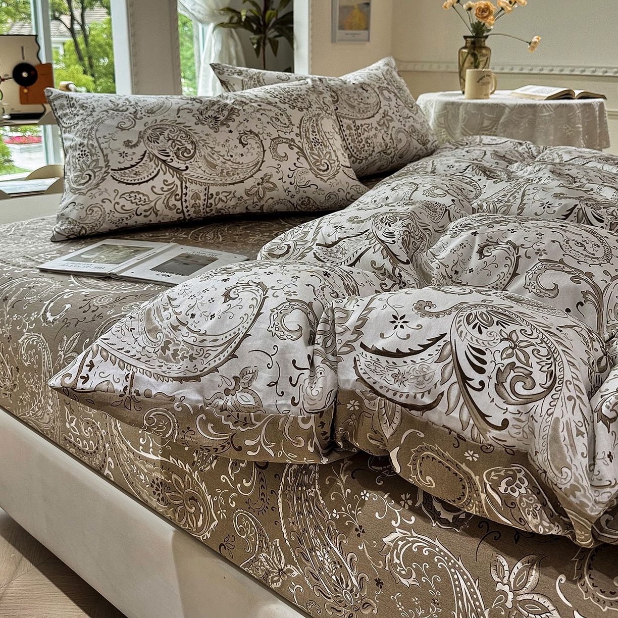 缦纱2025新款全棉小清新喷气13372印花40支纯棉四件套 荷韵-咖