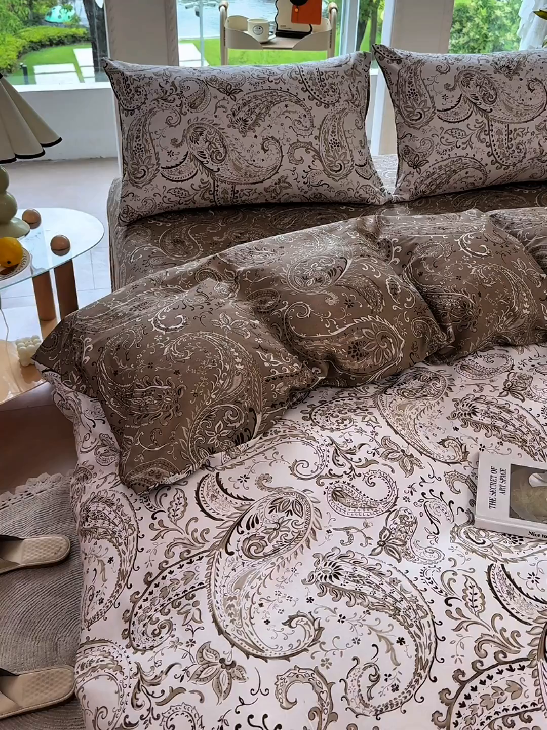 91家纺网 家纺一手货源 找家纺 缦纱2025新款全棉小清新喷气13372印花40支纯棉四件套 荷韵-咖