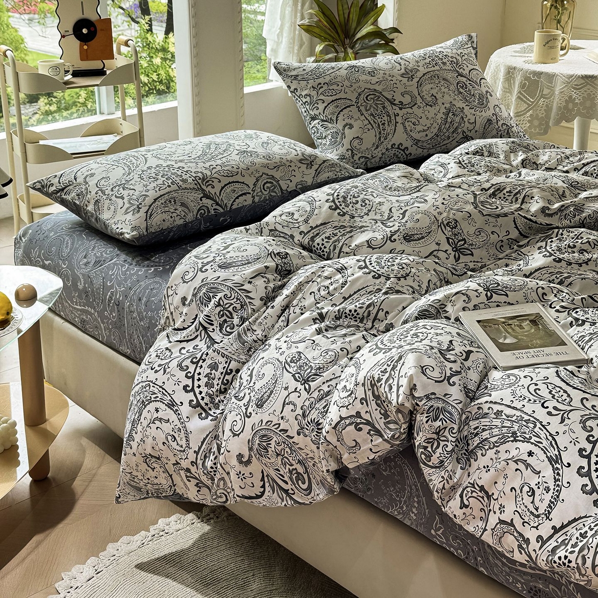 缦纱2025新款全棉小清新喷气13372印花40支纯棉四件套 荷韵-蓝