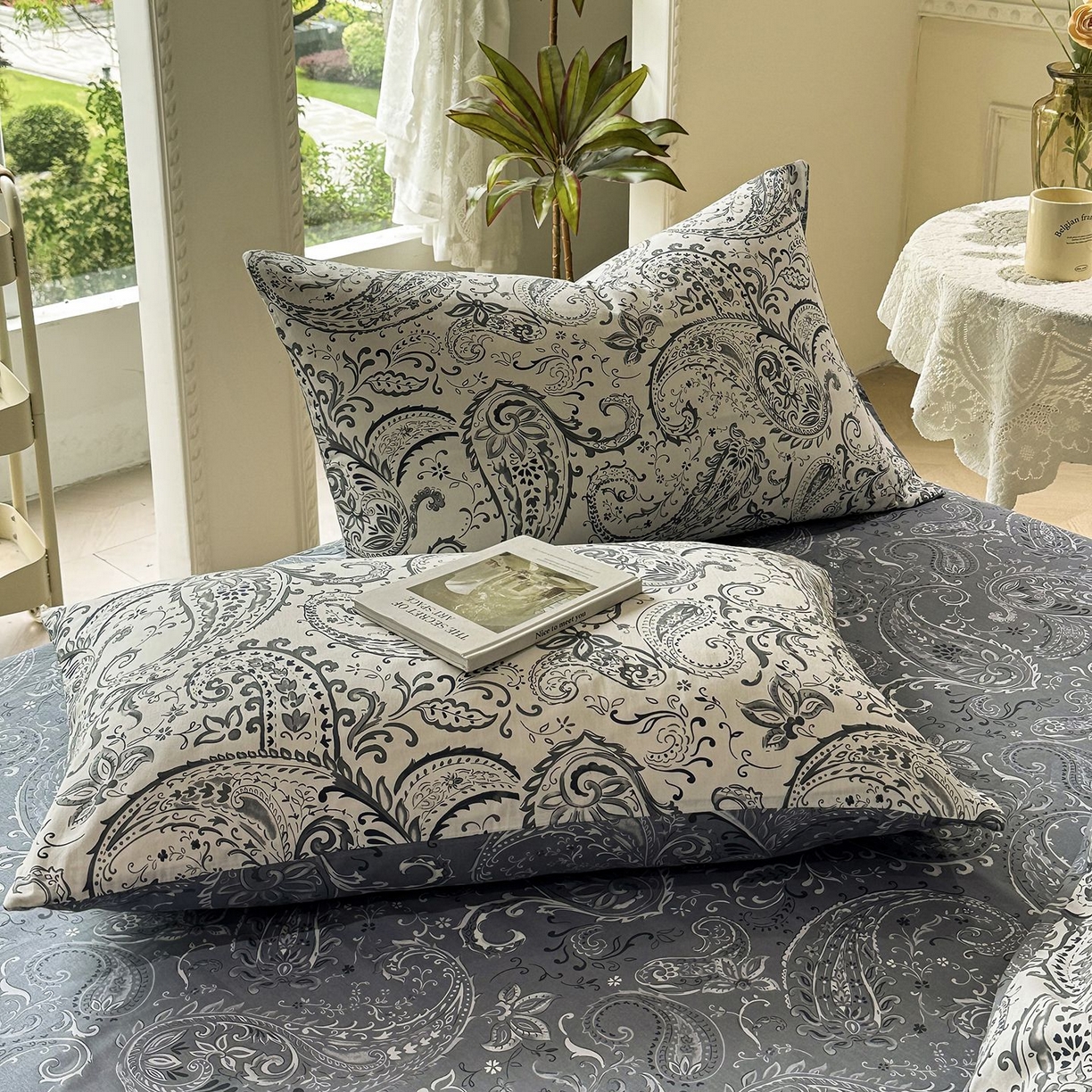 91家纺网 家纺一手货源 找家纺 缦纱2025新款全棉小清新喷气13372印花40支纯棉四件套 荷韵-蓝