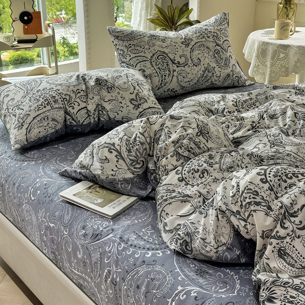 91家纺网 家纺一手货源 找家纺 缦纱2025新款全棉小清新喷气13372印花40支纯棉四件套 荷韵-蓝