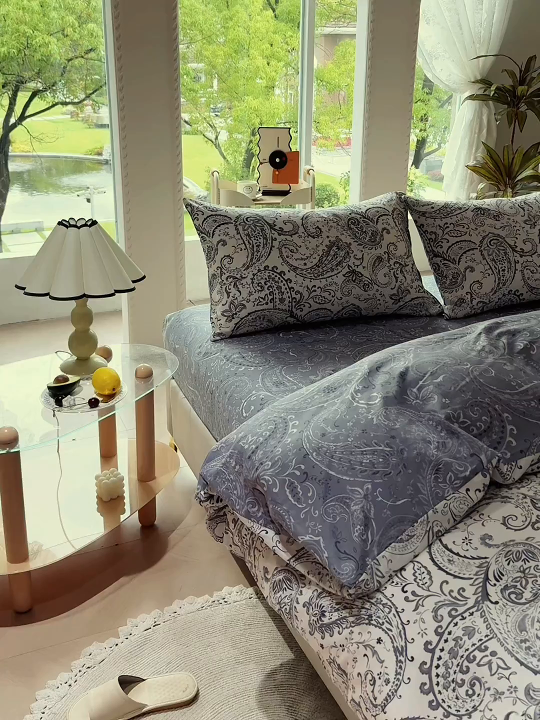 91家纺网 家纺一手货源 找家纺 缦纱2025新款全棉小清新喷气13372印花40支纯棉四件套 荷韵-蓝