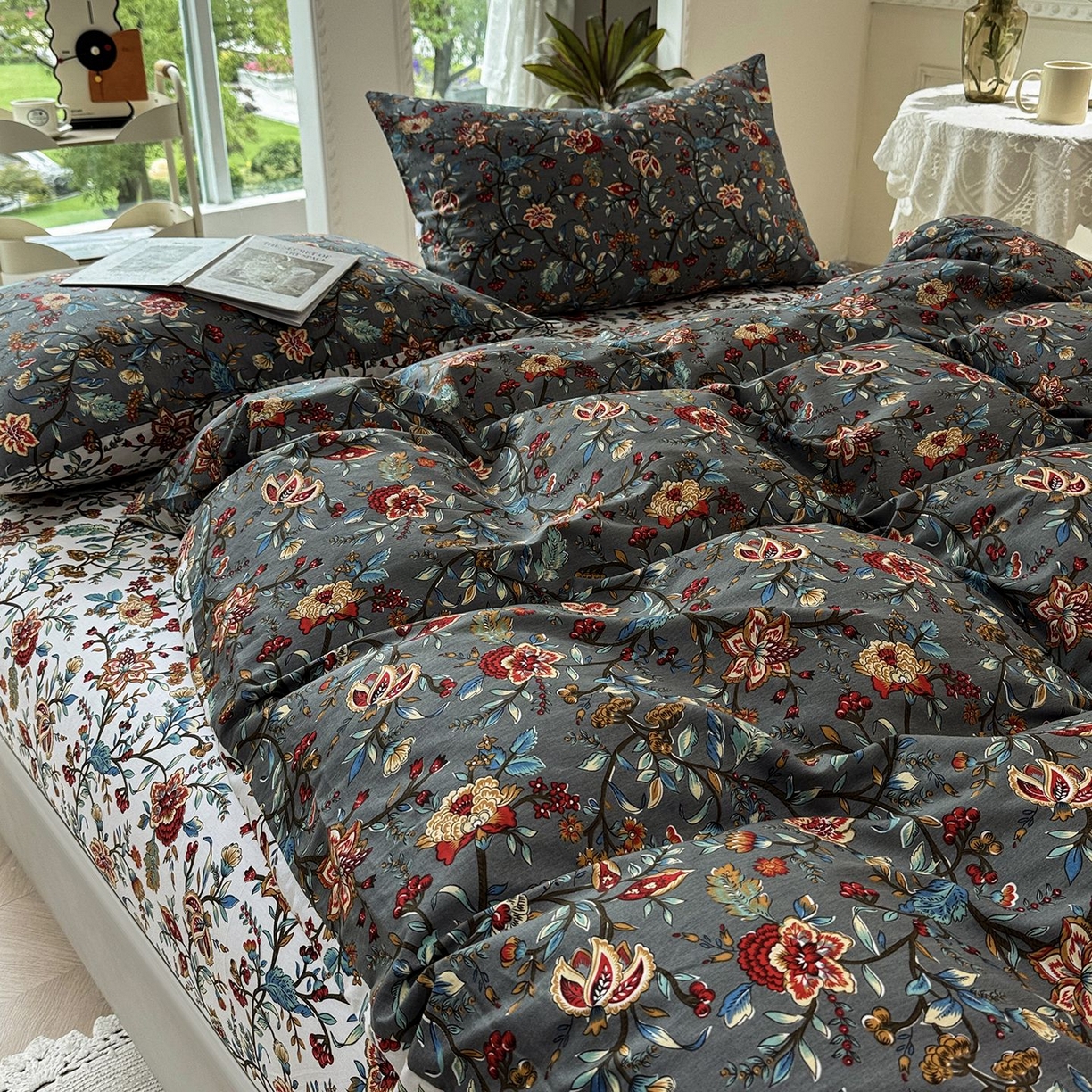 91家纺网 家纺一手货源 找家纺 缦纱2025新款全棉小清新喷气13372印花40支纯棉四件套 花娇百媚-灰