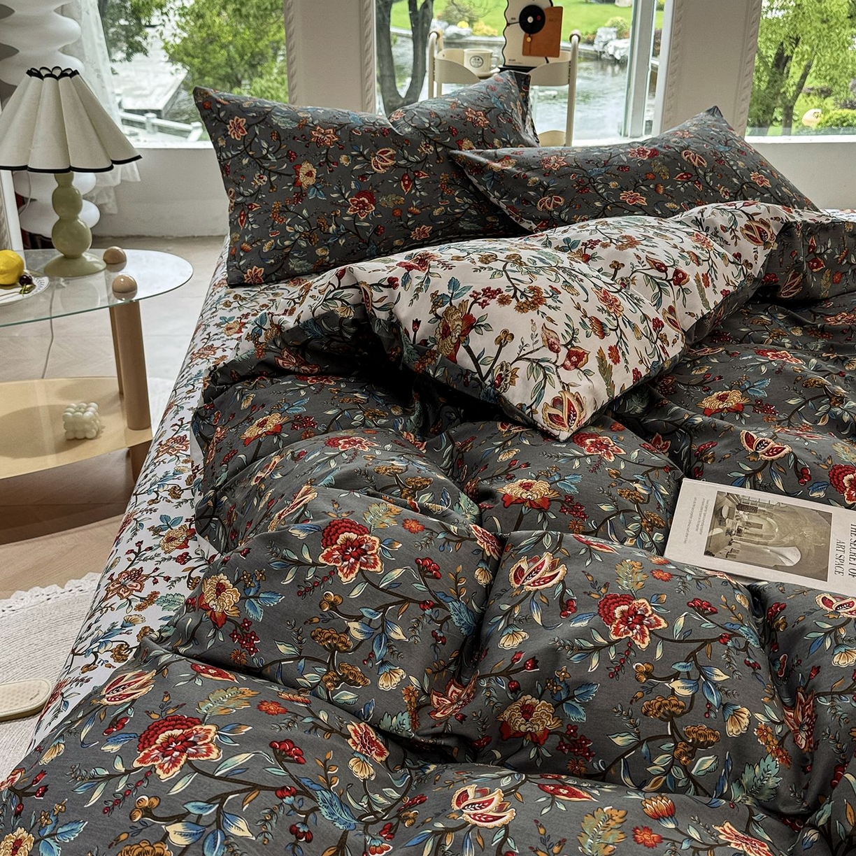 91家纺网 家纺一手货源 找家纺 缦纱2025新款全棉小清新喷气13372印花40支纯棉四件套 花娇百媚-灰