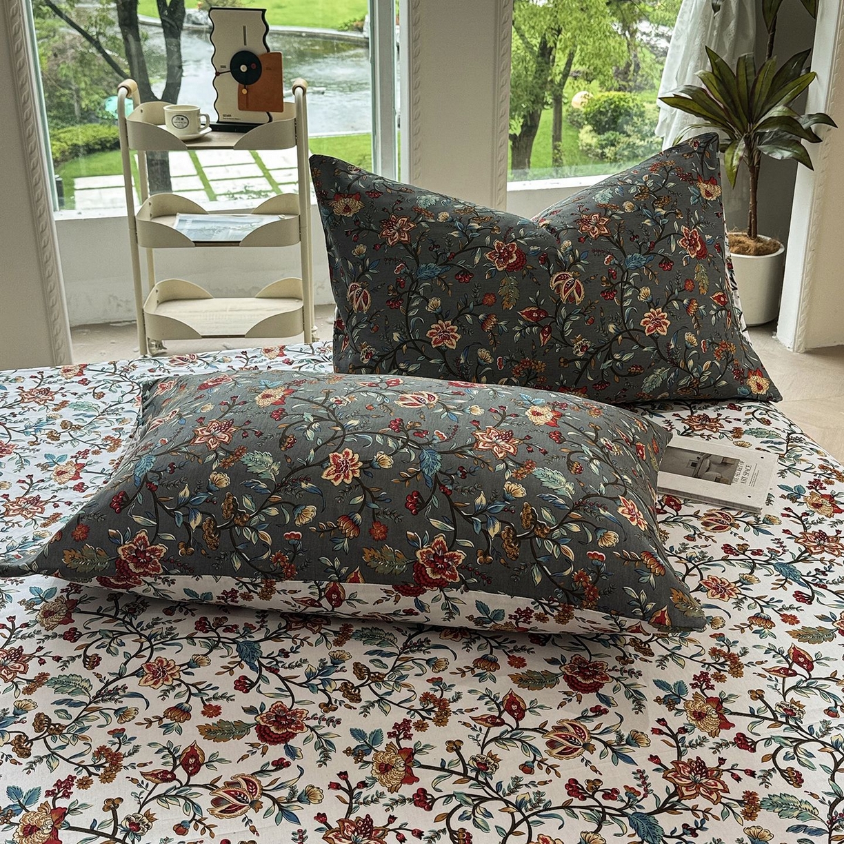 91家纺网 家纺一手货源 找家纺 缦纱2025新款全棉小清新喷气13372印花40支纯棉四件套 花娇百媚-灰