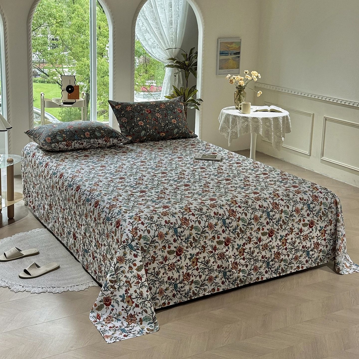 91家纺网 家纺一手货源 找家纺 缦纱2025新款全棉小清新喷气13372印花40支纯棉四件套 花娇百媚-灰