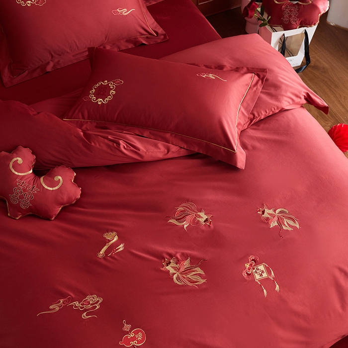 91家纺网 家纺一手货源 找家纺 （总）安莱生活 2025新款婚庆100S长绒棉纯棉四件套-金玉满堂