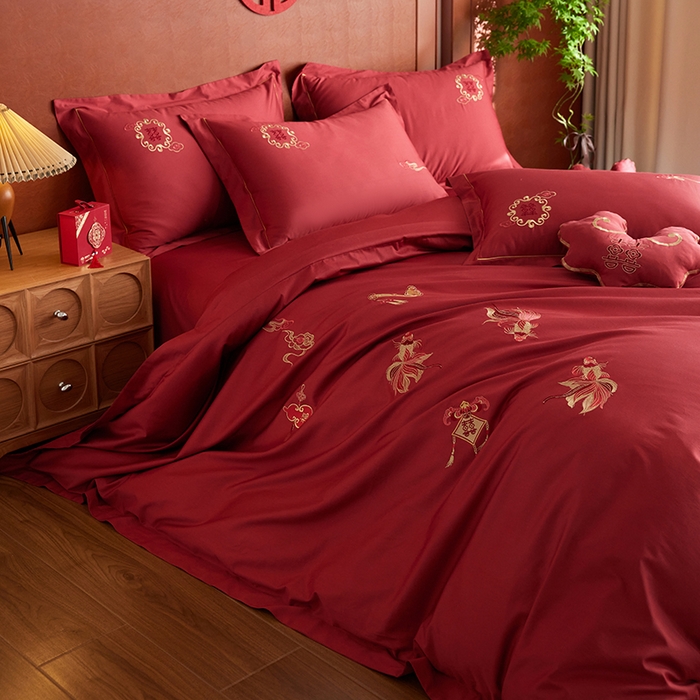 91家纺网 家纺一手货源 找家纺 （总）安莱生活 2025新款婚庆100S长绒棉纯棉四件套-金玉满堂