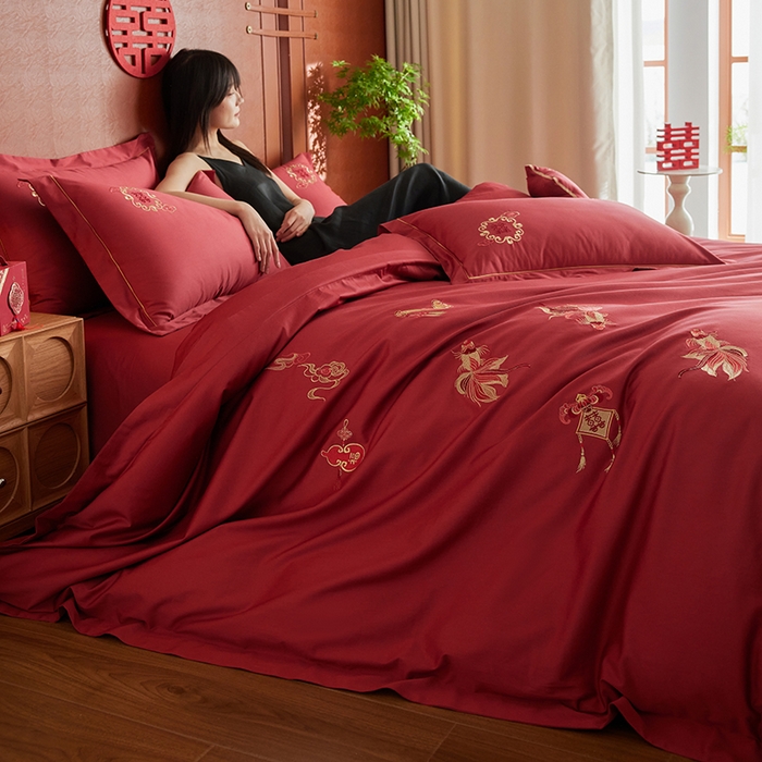91家纺网 家纺一手货源 找家纺 （总）安莱生活 2025新款婚庆100S长绒棉纯棉四件套-金玉满堂