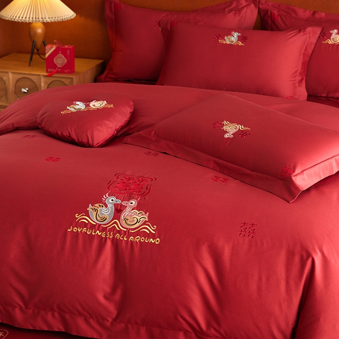 91家纺网 家纺一手货源 找家纺 （总）安莱生活 2025新款婚庆100S长绒棉纯棉四件套-欢喜鸳鸯