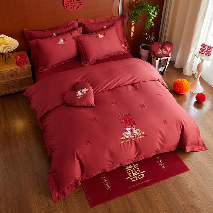 91家纺网 家纺一手货源 找家纺 （总）安莱生活 2025新款婚庆100S长绒棉纯棉四件套-欢喜鸳鸯