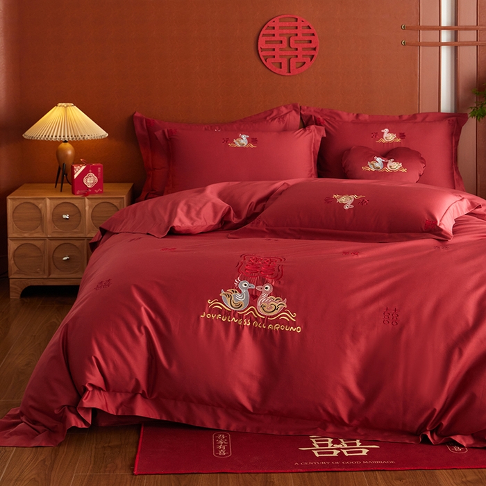 91家纺网 家纺一手货源 找家纺 （总）安莱生活 2025新款婚庆100S长绒棉纯棉四件套-欢喜鸳鸯