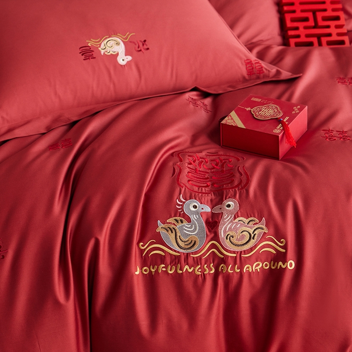 91家纺网 家纺一手货源 找家纺 （总）安莱生活 2025新款婚庆100S长绒棉纯棉四件套-欢喜鸳鸯