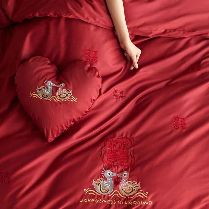 91家纺网 家纺一手货源 找家纺 （总）安莱生活 2025新款婚庆100S长绒棉纯棉四件套-欢喜鸳鸯