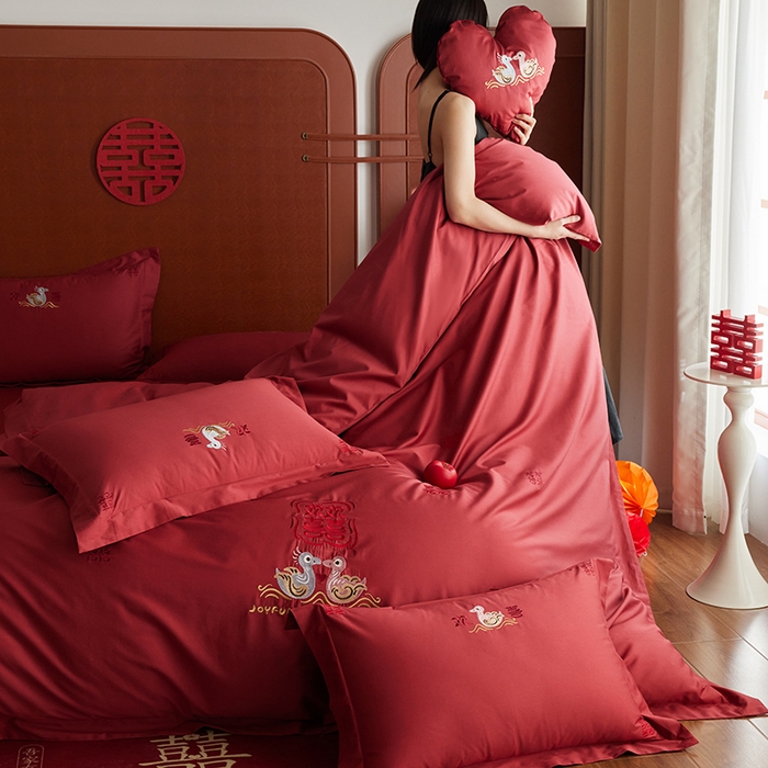 91家纺网 家纺一手货源 找家纺 （总）安莱生活 2025新款婚庆100S长绒棉纯棉四件套-欢喜鸳鸯