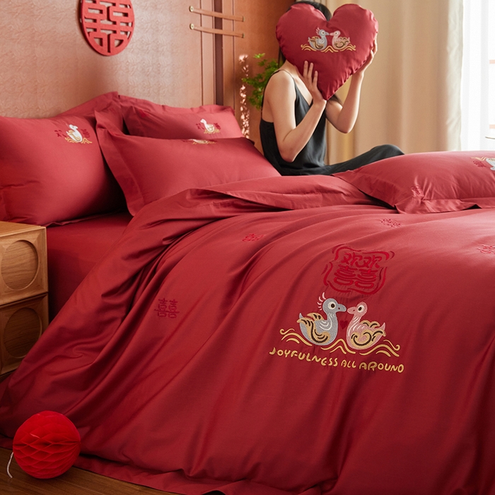 91家纺网 家纺一手货源 找家纺 （总）安莱生活 2025新款婚庆100S长绒棉纯棉四件套-欢喜鸳鸯