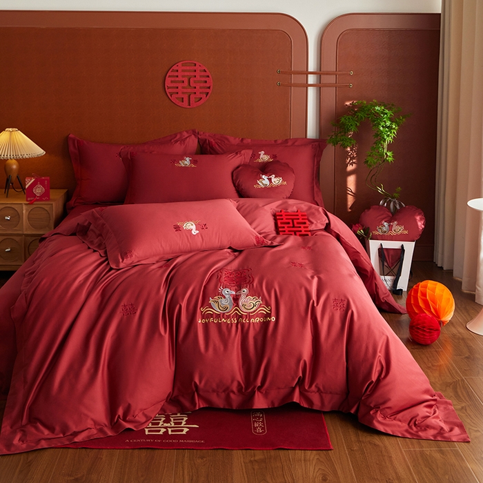 91家纺网 家纺一手货源 找家纺 （总）安莱生活 2025新款婚庆100S长绒棉纯棉四件套-欢喜鸳鸯