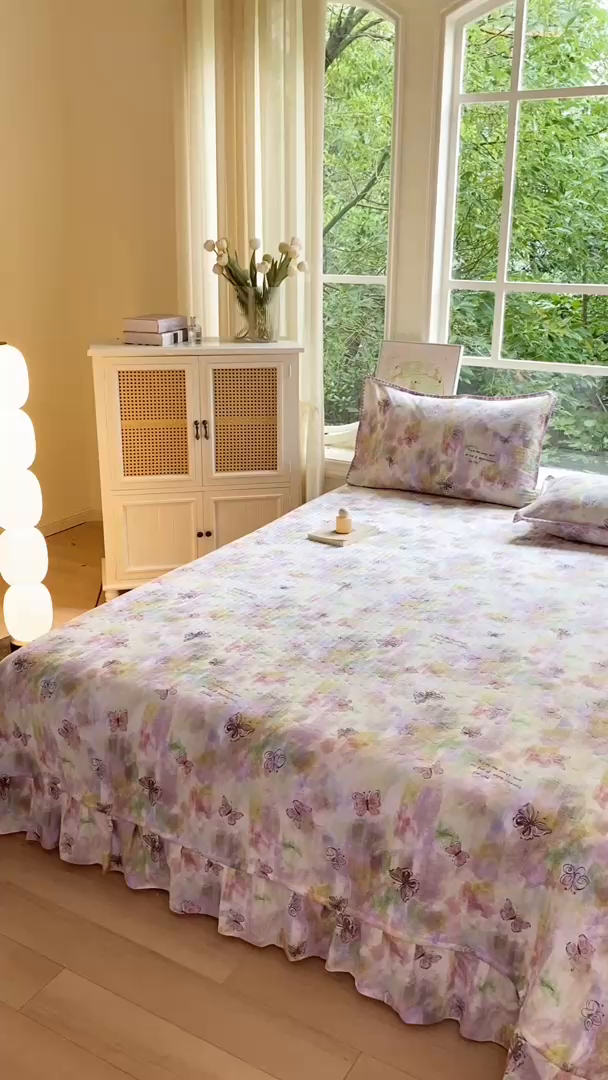 91家纺网 家纺一手货源 找家纺 尚美 2025新款三角针工艺款云感双层纱被套四件套-床盖款 彩绘蝴蝶