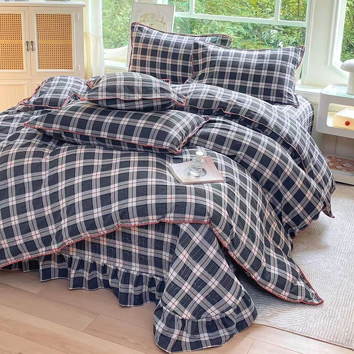 尚美 2025新款三角针工艺款云感双层纱被套四件套-床盖款 藏青格