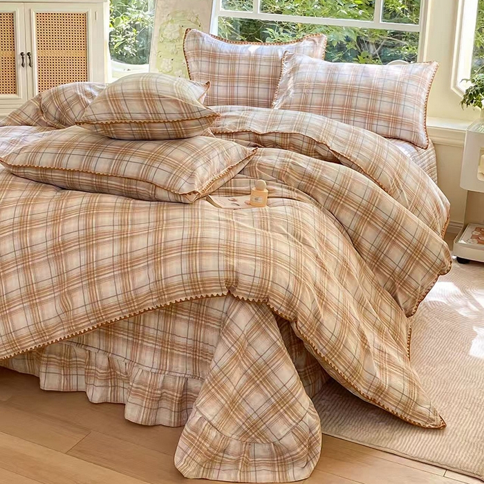 尚美 2025新款三角针工艺款云感双层纱被套四件套-床盖款 大格卡