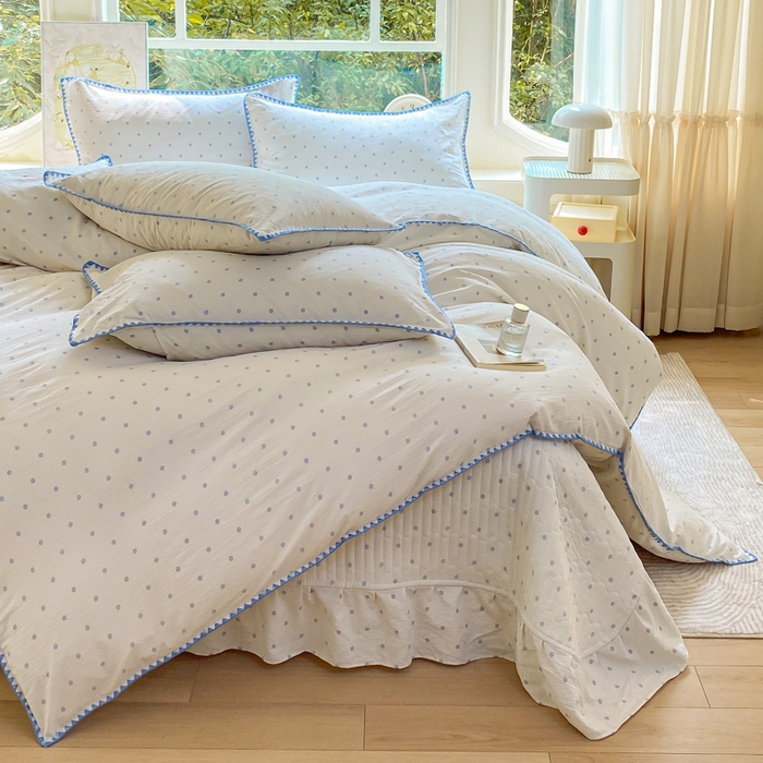 91家纺网 家纺一手货源 找家纺 尚美 2025新款三角针工艺款云感双层纱被套四件套-床盖款 兰波点