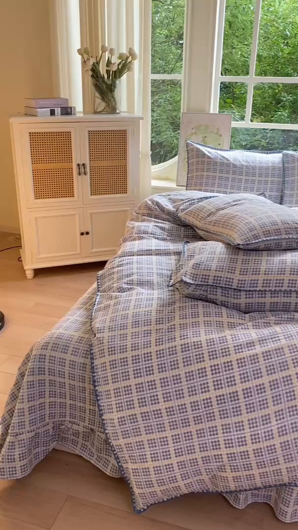 91家纺网 家纺一手货源 找家纺 尚美 2025新款三角针工艺款云感双层纱被套四件套-床盖款 兰格