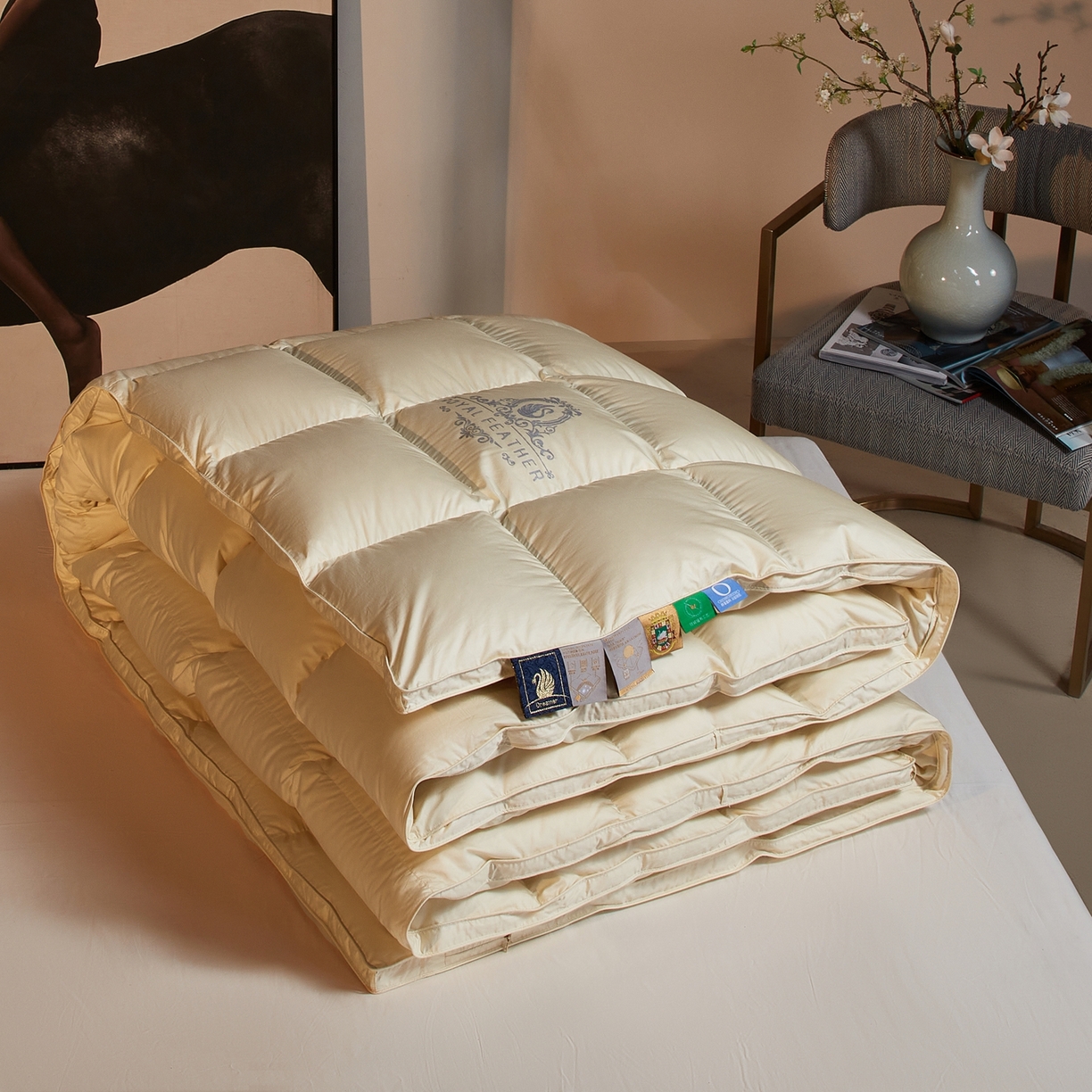 91家纺网 家纺一手货源 找家纺 织梦人羽绒工厂店2025新款高蓬松羽绒羽毛被大牌同款花型-莱赛尔+棉纯色系列 莱赛尔-米黄