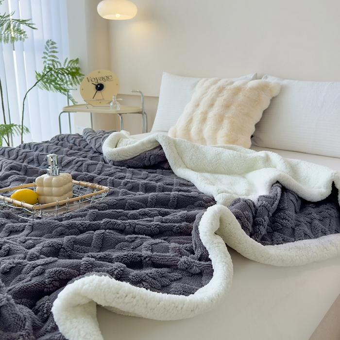 91家纺网 家纺一手货源 找家纺 柏薇 2024新款塔芙绒羊羔绒双层毛毯系列 深空灰