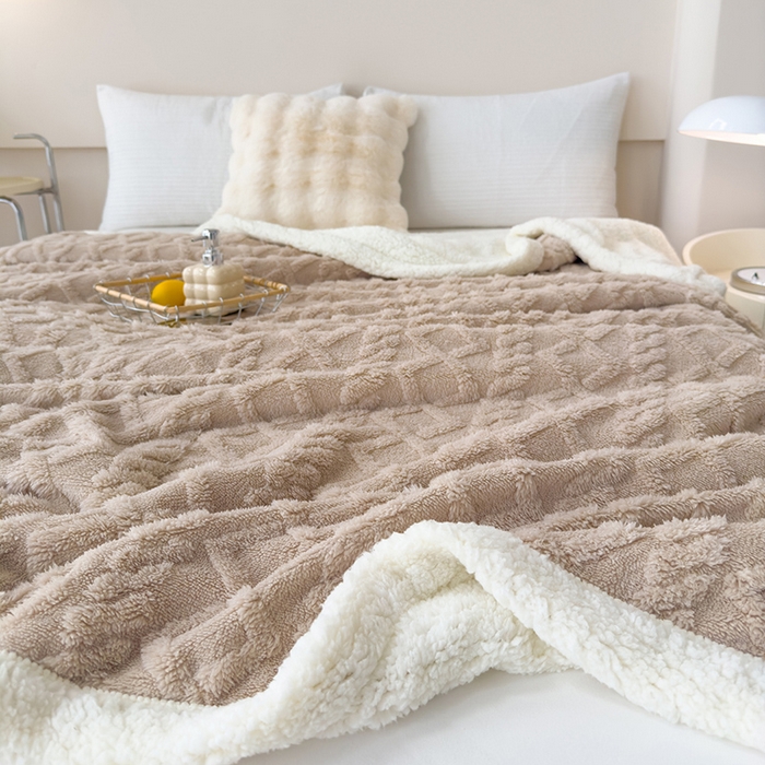 91家纺网 家纺一手货源 找家纺 柏薇 2024新款塔芙绒羊羔绒双层毛毯系列 奶茶色