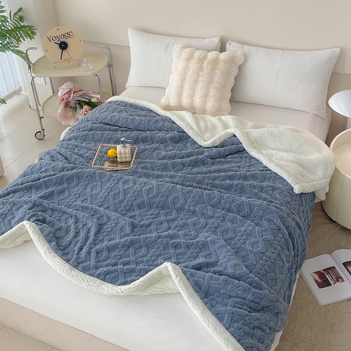 91家纺网 家纺一手货源 找家纺 柏薇 2024新款塔芙绒羊羔绒双层毛毯系列 晨雾蓝