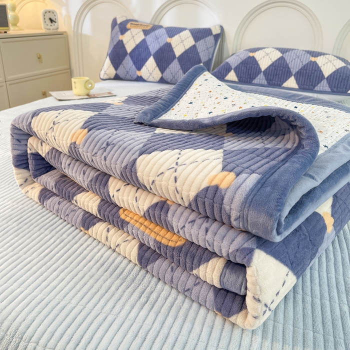 梵朴 2025新款印花牛奶绒珊瑚绒夹棉直角包边款床盖榻榻米炕盖 英伦风尚