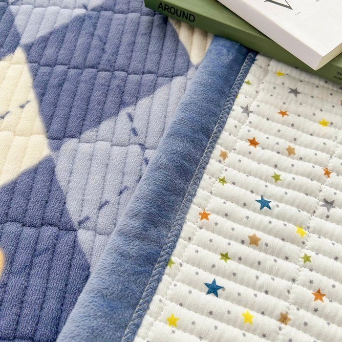 91家纺网 家纺一手货源 找家纺 梵朴 2025新款印花牛奶绒珊瑚绒夹棉直角包边款床盖榻榻米炕盖 英伦风尚