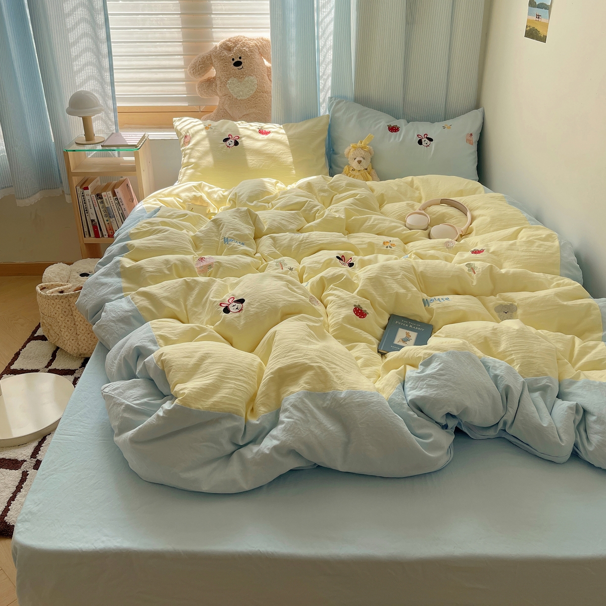 轻奢坊 2025新款水洗棉可爱小元素绣花拼角工艺四件套 小元素黄