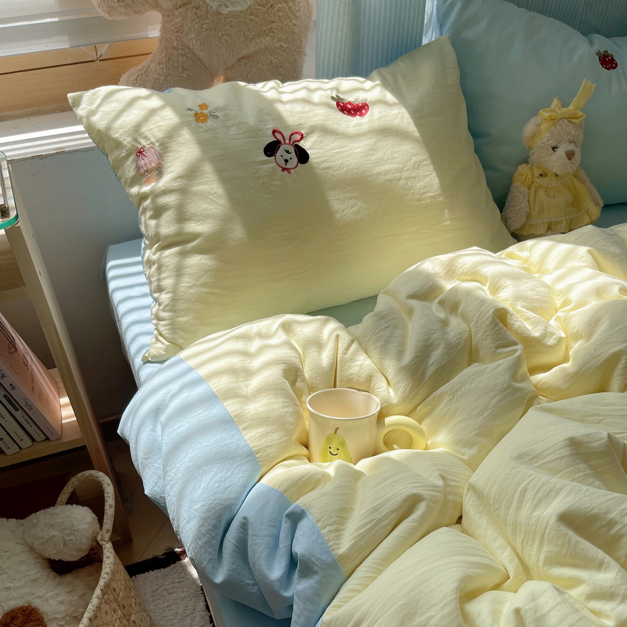 91家纺网 家纺一手货源 找家纺 轻奢坊 2025新款水洗棉可爱小元素绣花拼角工艺四件套 小元素黄