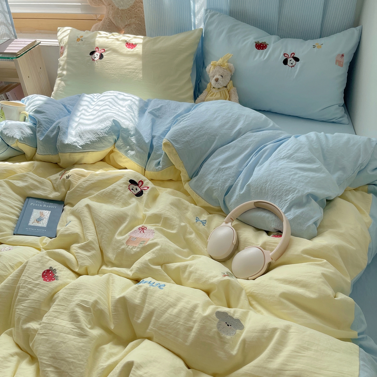 91家纺网 家纺一手货源 找家纺 轻奢坊 2025新款水洗棉可爱小元素绣花拼角工艺四件套 小元素黄