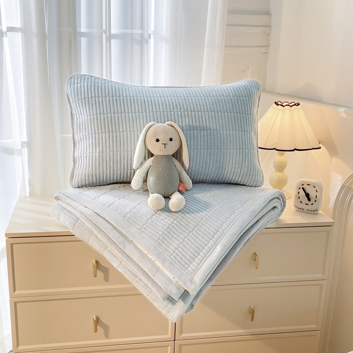 91家纺网 家纺一手货源 找家纺 梵朴 2025新款印花牛奶绒珊瑚绒夹棉直角包边款床盖榻榻米炕盖 简约淡雅蓝