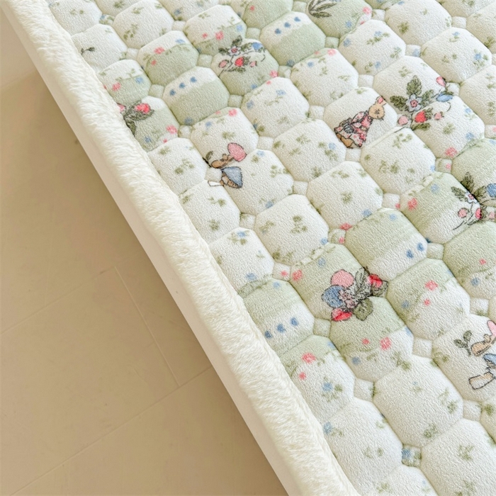 91家纺网 家纺一手货源 找家纺 梵朴 2025新款印花牛奶绒床褥垫加厚珊瑚绒床褥子床垫 花开花兔-绿