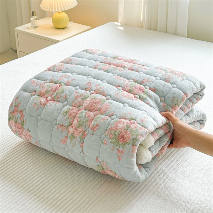 91家纺网 家纺一手货源 找家纺 梵朴 2025新款印花牛奶绒床褥垫加厚珊瑚绒床褥子床垫 欧风花影-蓝